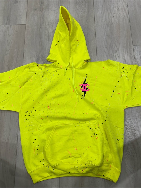 Tops - Inspired Neon Yellow Paint-Splatter Hoodie with Pink Logo NWOT